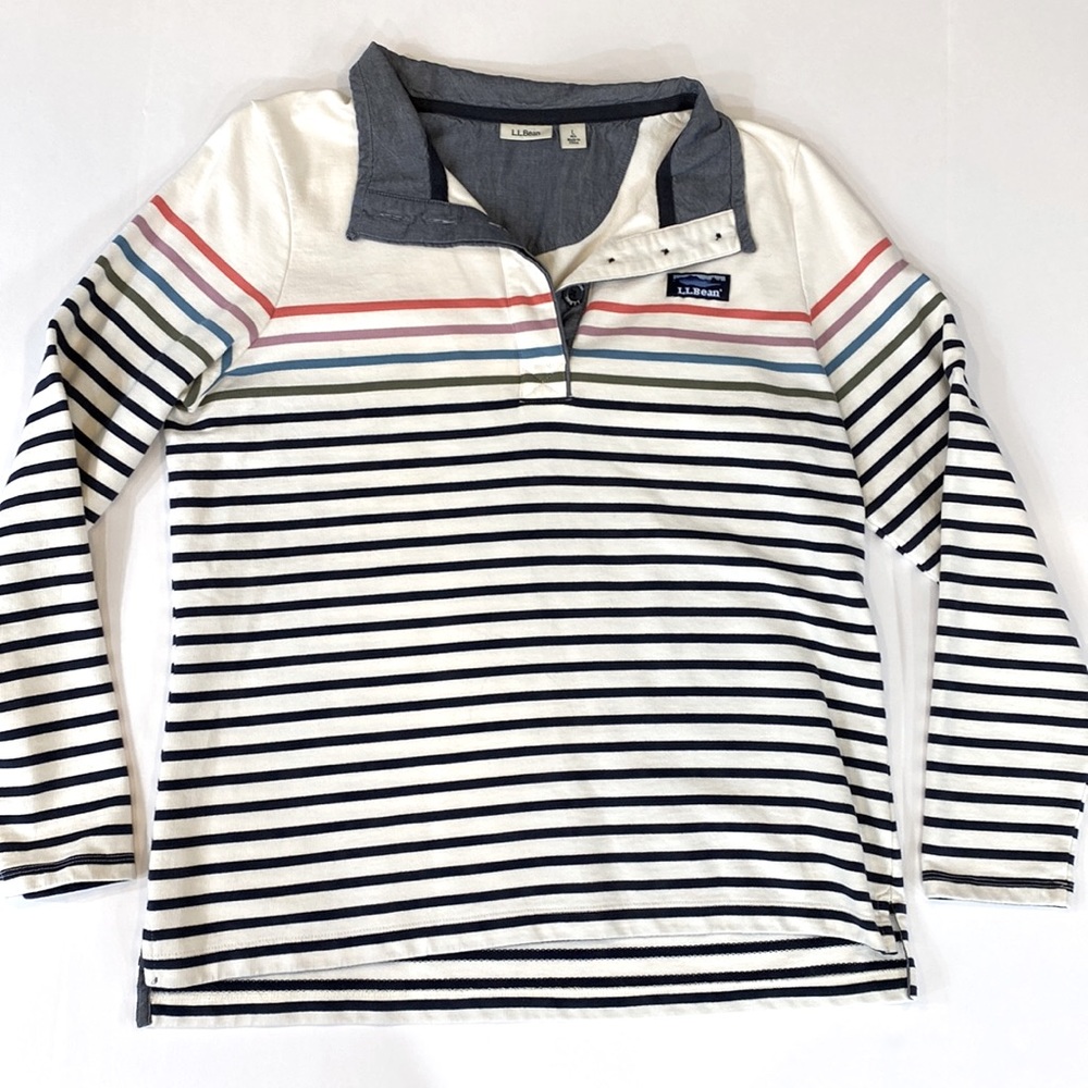LL BEAN Long Sleeved Shirt Stripes Collared Navy Blue Size Large